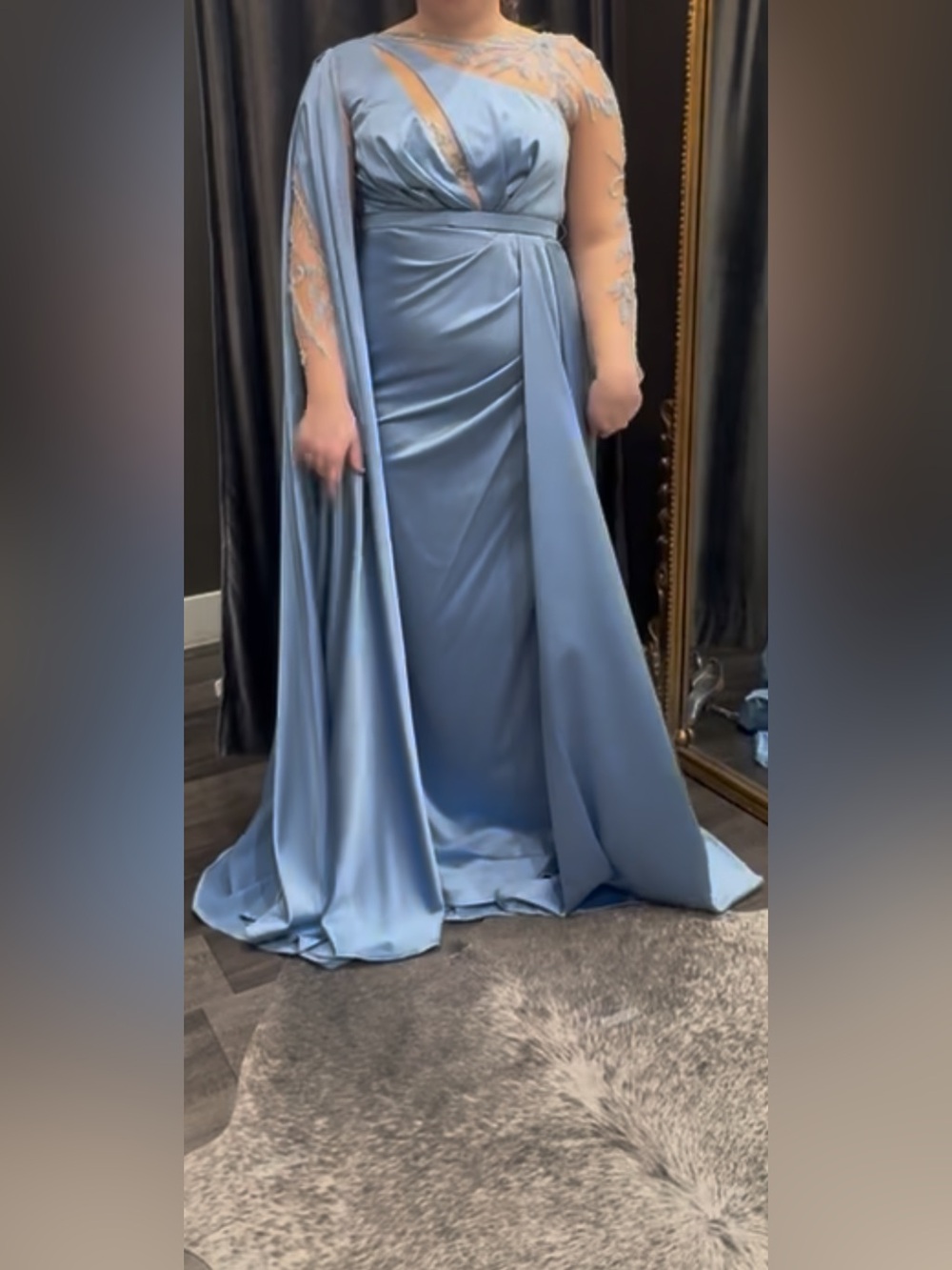 Elegant Light Blue Evening Gown with Draped Cape